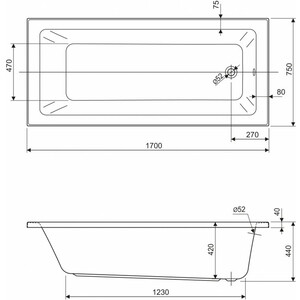 Акриловая ванна Cezares Plane Solo Mini 170x75 (PLANE SOLO MINI-170-75-42-W37)