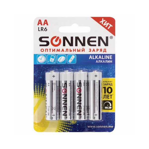 Батарейка SONNEN Alkaline, АА (LR06, 15А), алкалиновые, 4шт., в блистере, 451085 в Москвe