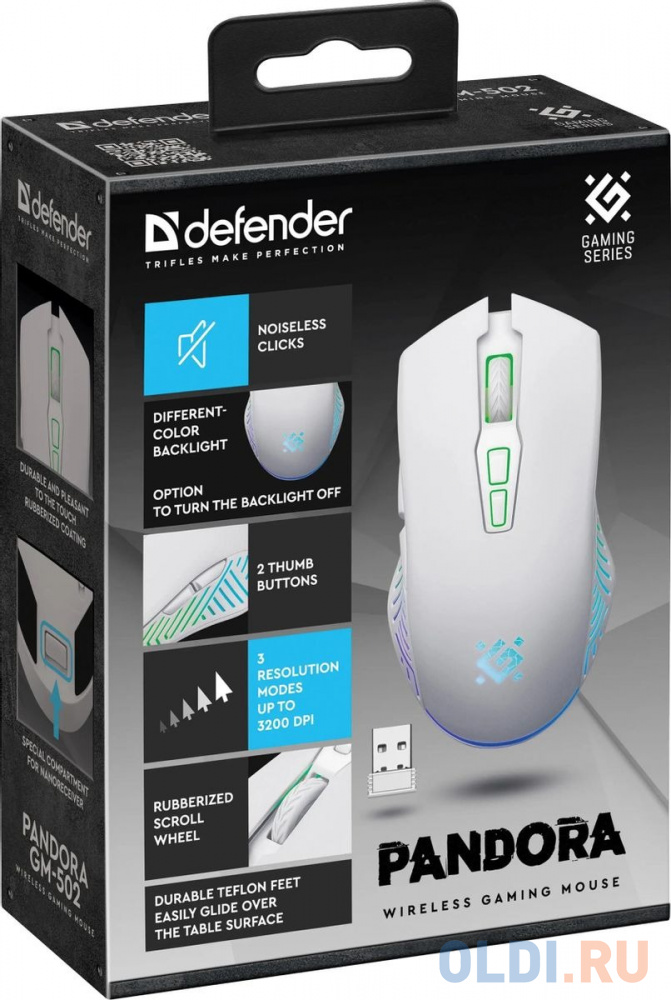 Беспроводная игровая мышь DEFENDER PANDORA белая (USB, 2.4 ГГц, LED подсветка,7 кн., 500 мАч, 3200 dpi, GM-502) в Москвe