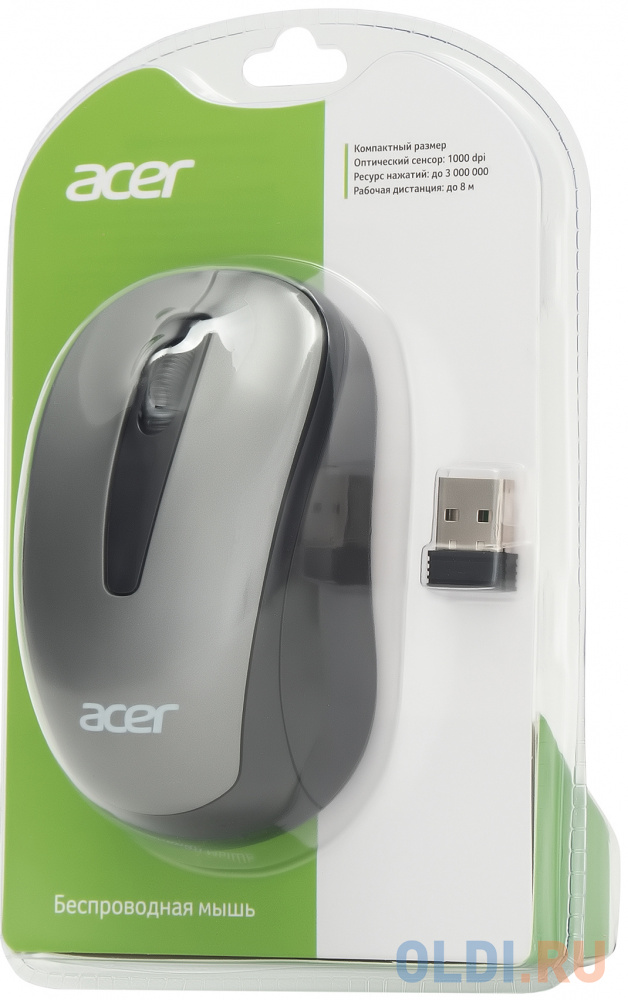 Мышь Acer OMR134, оптическая, беспроводная, USB, серый [zl.mceee.01h]