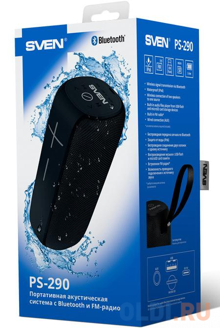 SVEN PS-290, черный, акустическая система 2.0, мощность 2x10 Вт (RMS), Waterproof (IPx6), TWS, Bluetooth, FM, USB, microSD, встроенный аккумулятор