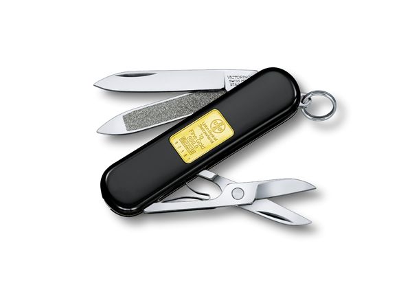 Нож-брелок Victorinox Classic с золотым слитком 1 гр, 58 мм, 7 функций, черный в Москвe