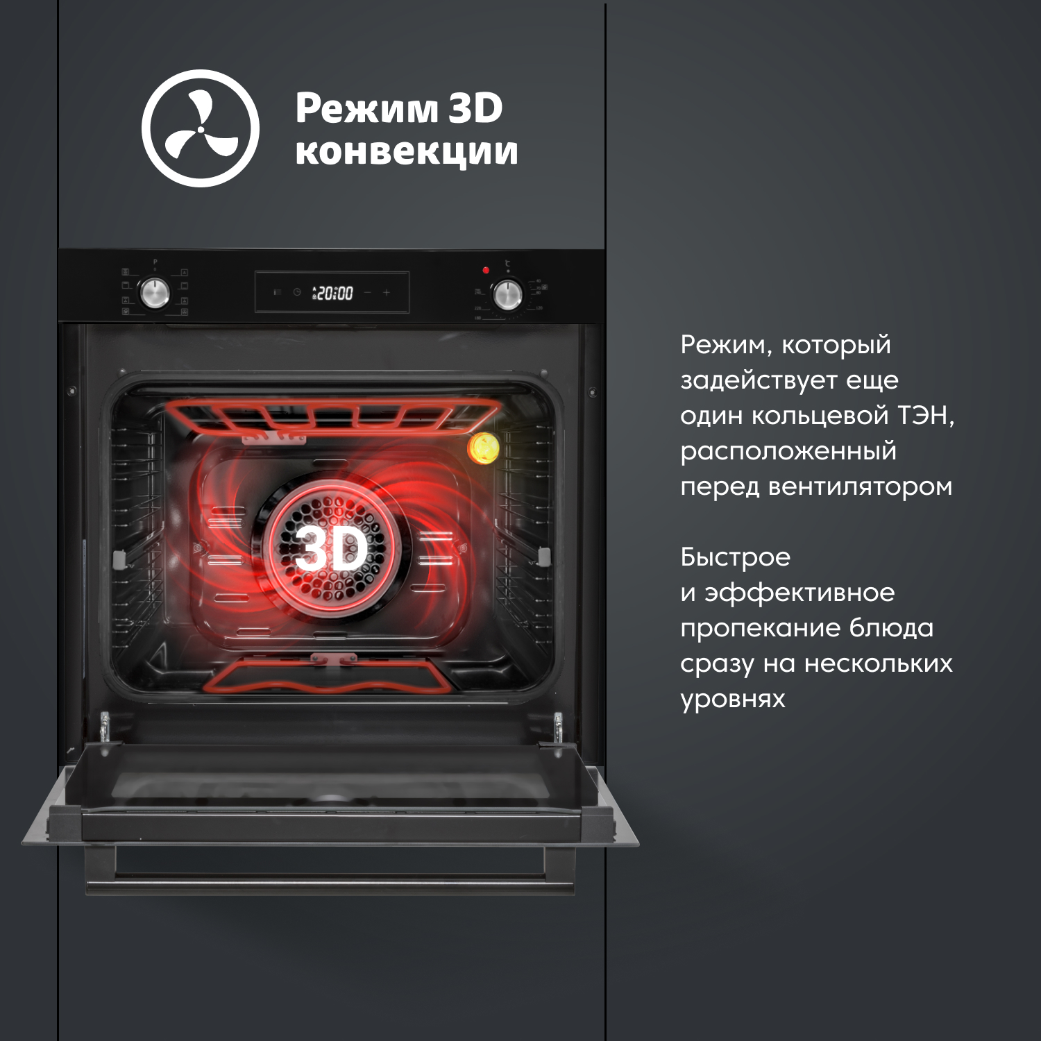 Электрический духовой шкаф Simfer B6ES69070 (8 режимов работы, 3D-конвекция, 80 л, гриль, таймер, черное стекло)