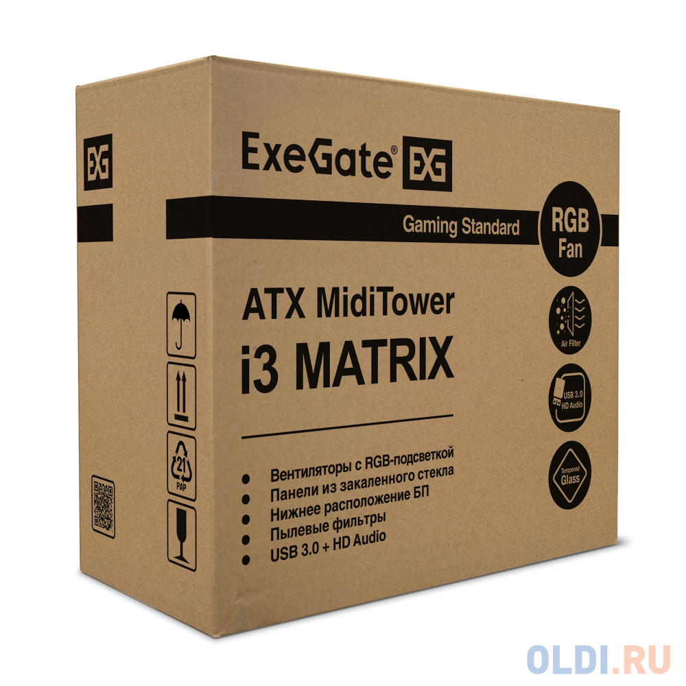 Корпус Miditower ExeGate i3 MATRIX-EVO800 (ATX, EVO800RGB 12см, 2*USB+1*USB3.0, HD аудио, черный, 2 вент. 18см с RGB подсветкой, пылевые фильтры, пере