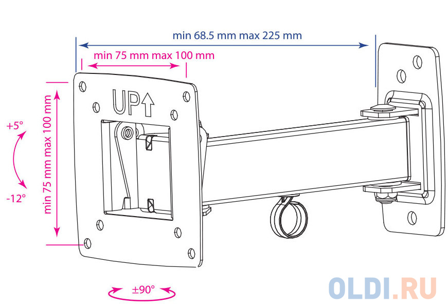 Кронштейн Kromax Optima-103 черный 10"-28" настенный от стены 68.5-225мм наклон +5°/-12° VESA 100х100мм до 25кг