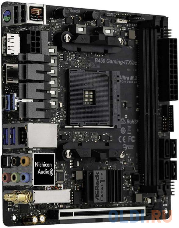 Материнская плата ASRock B450 GAMING-ITX/AC <AM4, AMD B450, 2xDDR4, PCI-Ex16, DP, HDMI, SATAIII+RAID, M.2, GB Lan, WiFi+Bt, USB3.1, mini-ITX, Retai