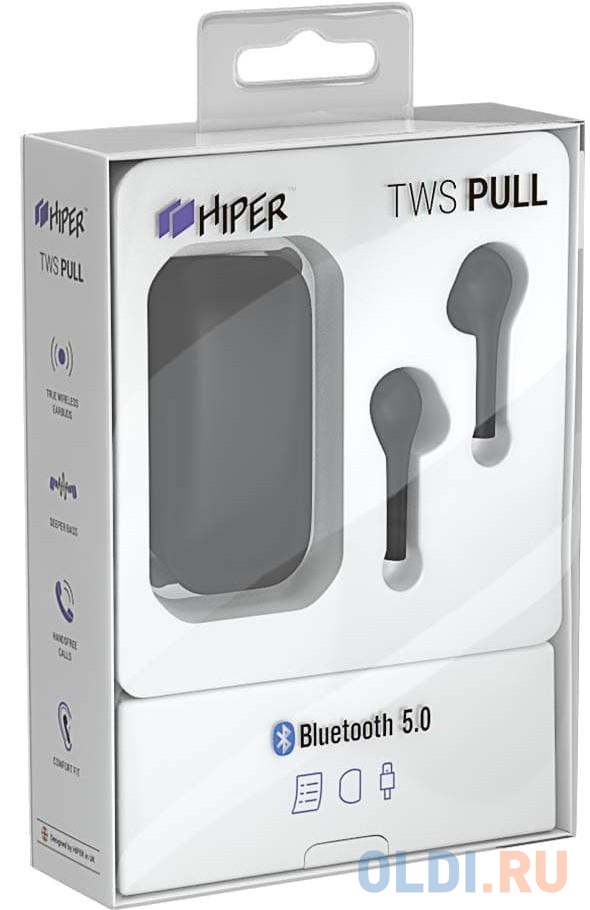 Наушники Hiper TWS PULL Bluetooth 5.0 гарнитура Li-Pol 2x40mAh+400mAh, черный
