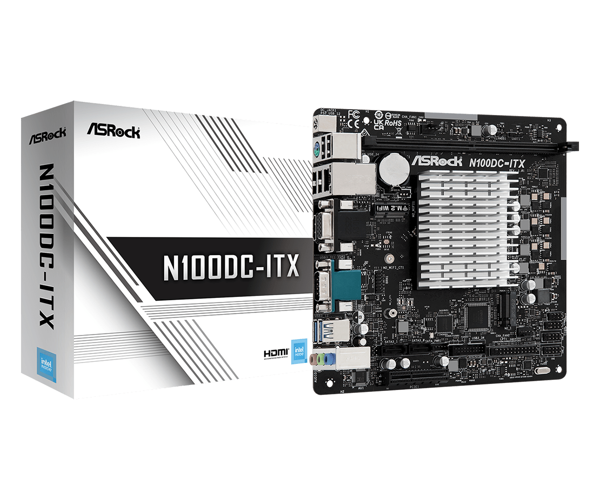 Материнская плата ASRock N100DC-ITX, SoC, Intel N100, 1xDDR4, PCI-Ex16, 2SATA3, 7.1-ch, GLAN, 4 USB 3.2, VGA, HDMI, mini-ITX, Retail