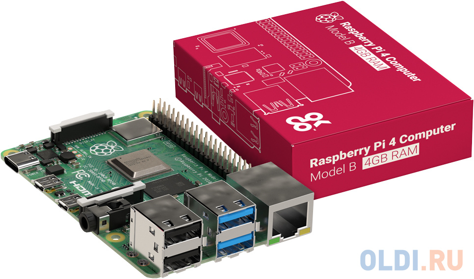 Raspberry Pi 4 Model B (RA545) Retail, 4GB RAM, Broadcom BCM2711 Quad core Cortex-A72 (ARM v8) 64-bit SoC @ 1.5GHz CPU, WiFi, Bluetooth, 40-pin GPIO, в Москвe