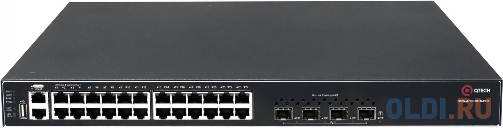 Qtech Управляемый стекируемый коммутатор уровня L3 с поддержкой PoE 802.3af/at, 24 порта 10/100/1000 BASE-T, 4 порта 10GbE SFP+, 4K VLAN, 32K MAC адре