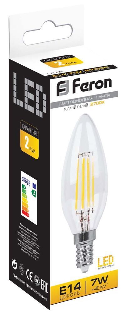 Лампа светодиодная E14 свеча/C35, 7Вт, 2700K / теплый свет, 740лм, филаментная, Feron LB-66 (25726) в Москвe