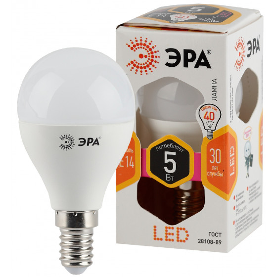 Лампа светодиодная E14 шар/P45, 5Вт, 2700K / теплый свет, 400лм, ЭРА LED P45-5W-827-E14 ЭРА (Б0028485)