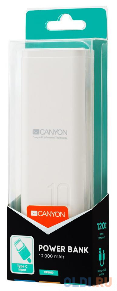 Зарядное устройство CANYON CNE-CPB010W 10000mAh Li-pol, In 5V/2A, Out 5V/2.1A,  Smart IC, Белый, кабель 0.25m,