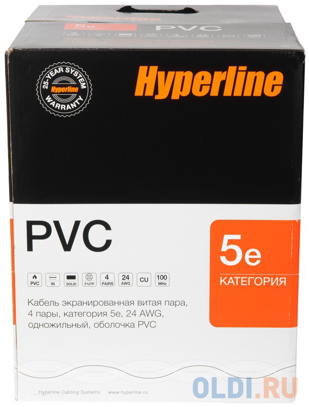 Кабель информационный Hyperline FUTP4-C5E-S24-IN-PVC-GY-305 кат.5е F/UTP общий экран 4X2X24AWG PVC внутренний 305м серый