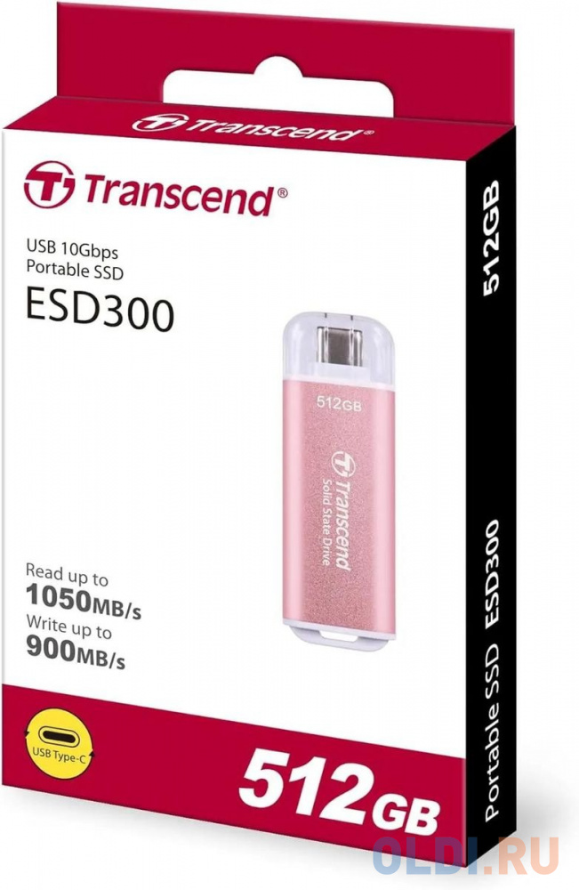 Внешний SSD External SSD Transcend 512Gb ESD300 <TS512GESD300S> (USB3.2 gen 2, Type C, 1050/950Mbs, 3D NAND, 60x20x7.8mm, 9g) розовый в Москвe