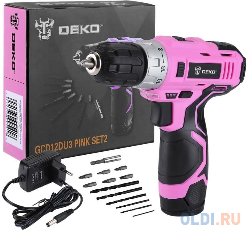 Аккумуляторная дрель-шуруповёрт DEKO GCD12DU3 PINK SET2 + оснастка 13 шт, 12В, 1х1.5Ач, з/у [063-4171]