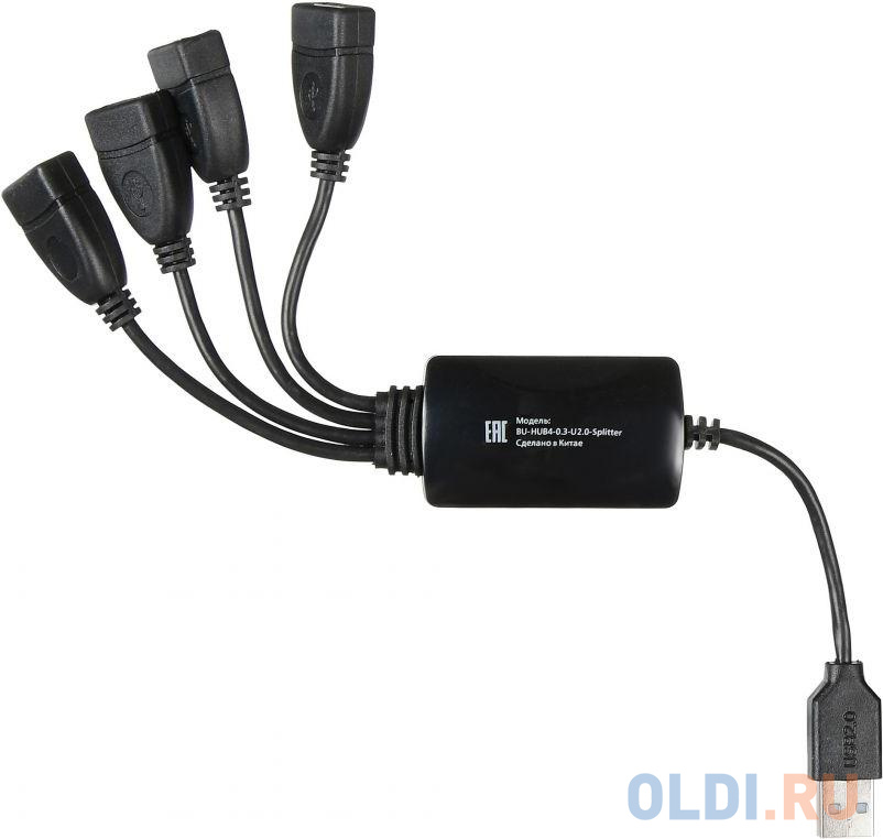 Разветвитель USB 2.0 Buro BU-HUB4-0.3-U2.0-Splitter 4порт. черный