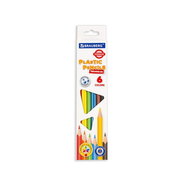 Карандаши цветные пластиковые BRAUBERG PREMIUM, 6 цветов, трехгранные, грифель мягкий 3 мм, 181660 (24 шт.)