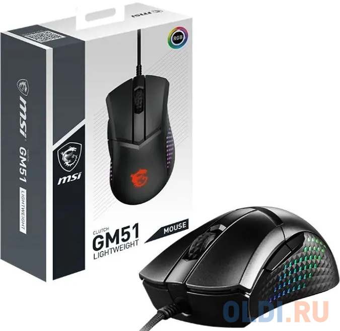 Gaming Mouse MSI Clutch GM51 Lightweight,  Wired, FriXionFree cable, DPI 6400 (max. 26000 by software), 3 Zone RGB lighting, Right handed, 75g,  Black