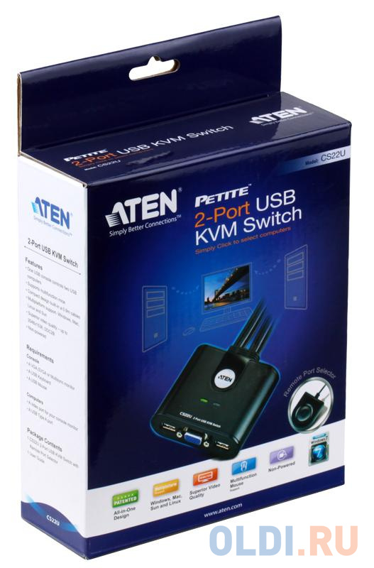 Переключатель KVM ATEN USB+VGA = 2 cpu USB+VGA, 2048x1536, настол., исп.стандарт.шнуры, без OSD (CS22U-A7|)