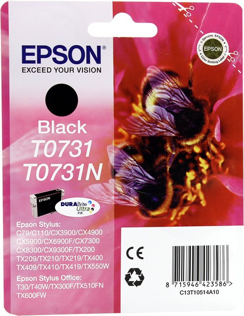 Картридж струйный Epson T0731 (C13T10514A10), черный, оригинальный, ресурс 260 страниц, для Epson C79 / C110 / CX6900F / CX8300 / CX9300F / TX209 / TX409 / T30 / T40W / TX300F / TX600FW