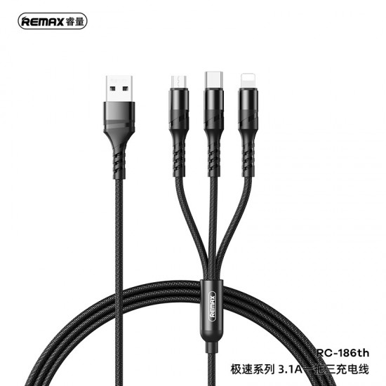Кабель USB 2.0(Am)-Lightning 8-pin(m)+Micro USB 2.0(Am)+USB 2.0 Type-C(m), 2.1A быстрая зарядка, 1.2м, черный Remax SPEED RC-186th (6954851204589)