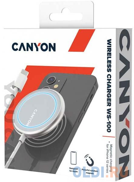 CANYON WS-100 Wireless charger, Input 9V/2A, 9V/2.7A, 12V/2A, Output 15W/10W/7.5W/5W, Type c cable length 1.5m, Acrylic surface+Aluminium alloy edge,