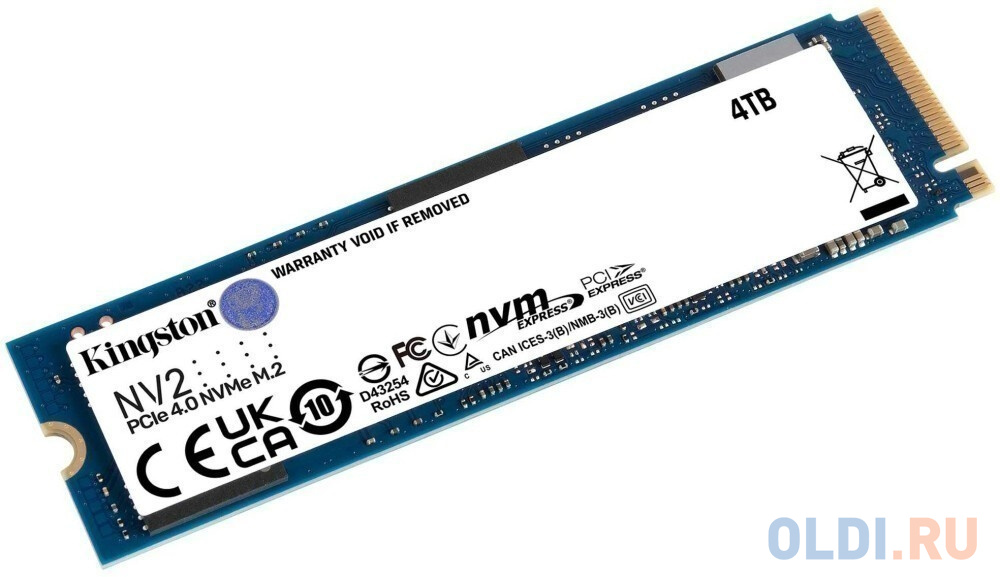 Твердотельный накопитель/ Kingston SSD NV2, 4000GB, M.2(22x80mm), NVMe, PCIe 4.0 x4, 3D TLC, R/W 3500/2800MB/s, TBW 1280, DWPD 0.3 (3 года) в Москвe