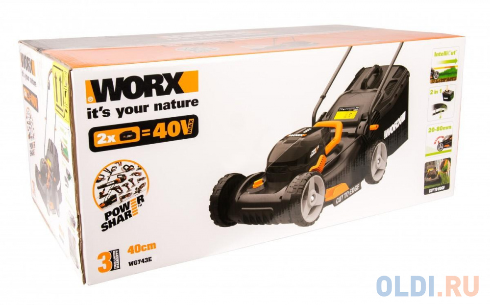 Газонокосилка WORX WG743E  2X20В 40см c акб и ЗУ