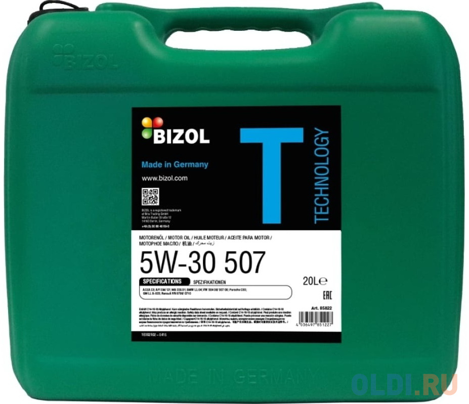 85822 BIZOL НС-синт. мот.масло Technology 5W-30 507 SM C3 (20л)