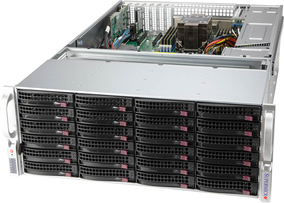 Серверная платформа SuperMicro 540P-E1CTR36H, 1xSocket4189, 8xDDR4, 36x3.5 HDD HS, 1xM.2-PCI-E/SATA, AOC-S3908L-H8IR-P, 2x10GLAN, IPMI, Redundant 2x1200 Вт, 4U (SSG-540P-E1CTR36H)