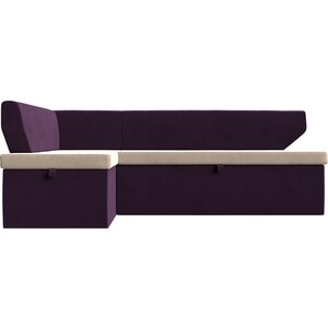 Кухонный угловой диван Лига Диванов Омура велюр бежевый\фиолетовый левый угол (113192L)