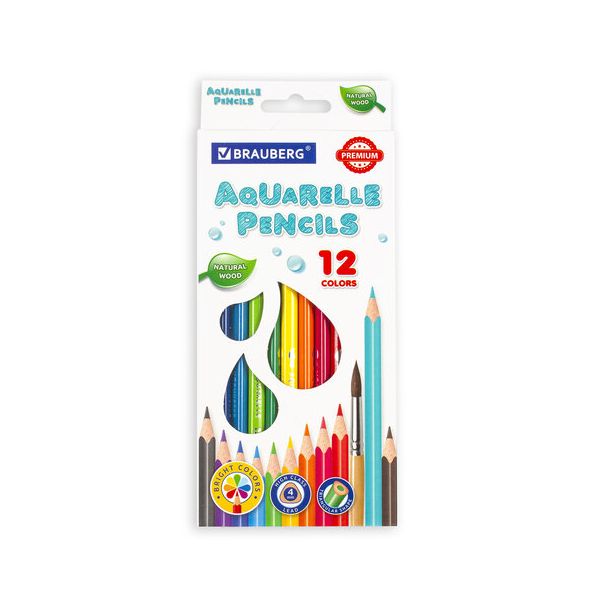 Карандаши цветные акварельные BRAUBERG PREMIUM AQUARELLE, 12 цветов, грифель мягкий 4 мм, 181671 в Москвe