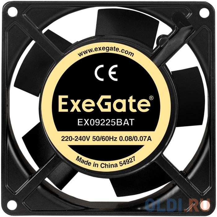 Exegate EX289004RUS Вентилятор 220В ExeGate EX09225BAT (92x92x25 мм, 2-Ball (двойной шарикоподшипник), клеммы, 2600RPM, 35dBA)