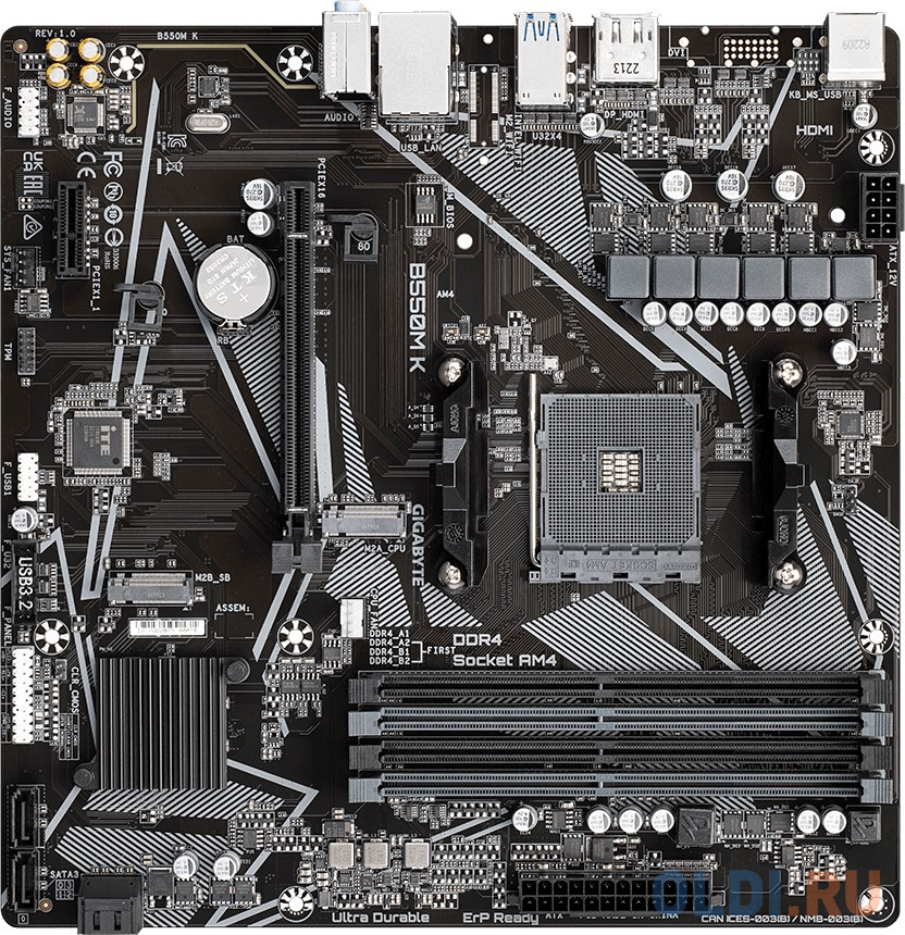 GIGABYTE B550M K, AM4, B550, 4*DDR4, DP+HDMI,  4 SATA 6 Гб/с, M2, Audio, Gb LAN, USB 3.2, USB 2.0, mATX