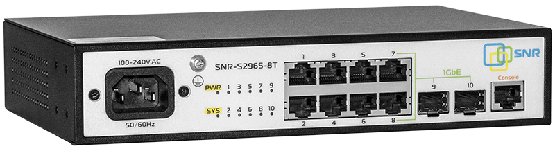 Коммутатор SNR SNR-S2965-8T-RPS, управляемый, кол-во портов: 8x100 Мбит/с, кол-во SFP/uplink: 2x1 Гбит/с, установка в стойку