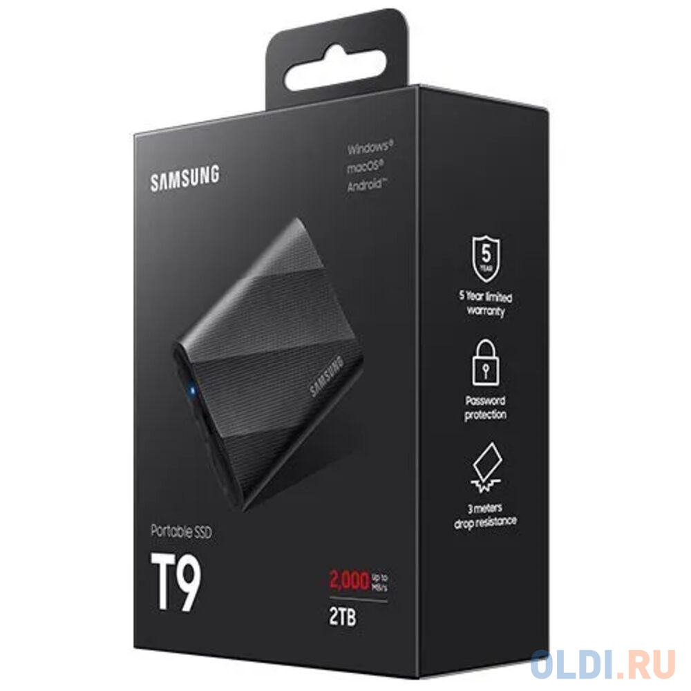 Внешние HDD и SSD/ Samsung External SSD T9, 2000GB, Type-C, USB 3.2 Gen2, R/W 2000/2000MB/s, 88x60x14mm, Black (12 мес.) в Москвe