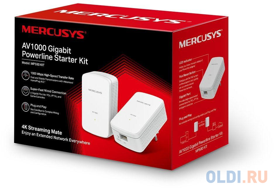 Mercusys MP500 KIT AV1000 Комплект гигабитных адаптеров Powerline, стандарт HomePlug AV2, 1 гигабитный порт, до 300 м по электросети, Plug and Play