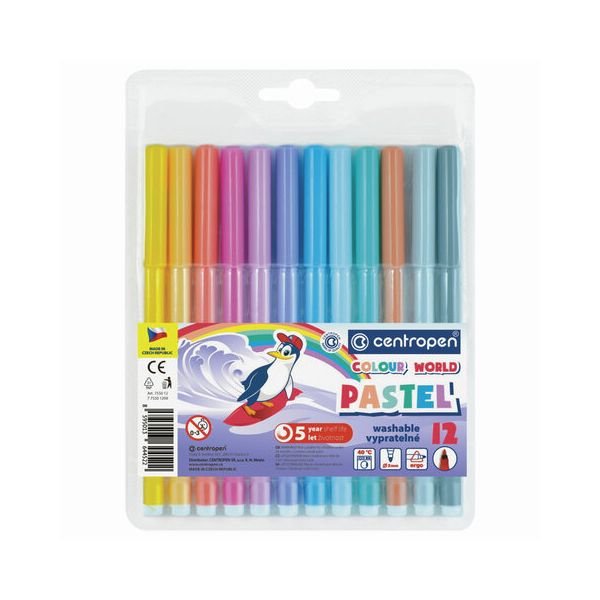 Фломастеры ПАСТЕЛЬНЫЕ 12 ЦВЕТОВ CENTROPEN "Colour World Pastel", смываемые, 7550/12TP, 7 7550 1287