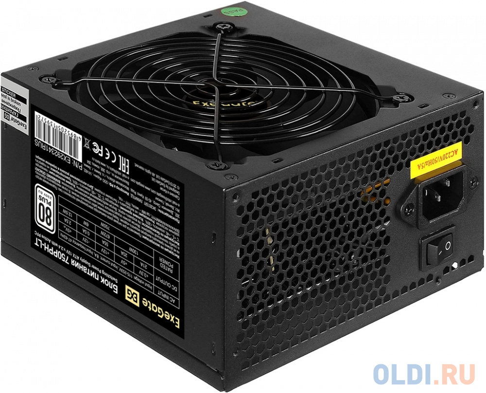 Блок питания 750W ExeGate 80 PLUS® 750PPH-LT-OEM (ATX, APFC, КПД 82% (80 PLUS), 12cm fan, 24pin, 2x(4+4)pin, 4xPCI-E, 8xSATA, 4xIDE, black, RTL)