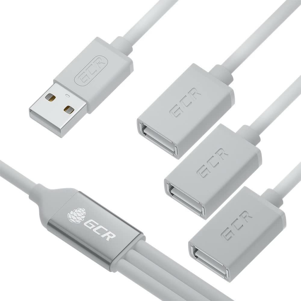 Хаб USB GCR Hub 2.0 на 3 порта, 0.35m, гибкий белый GCR-53354