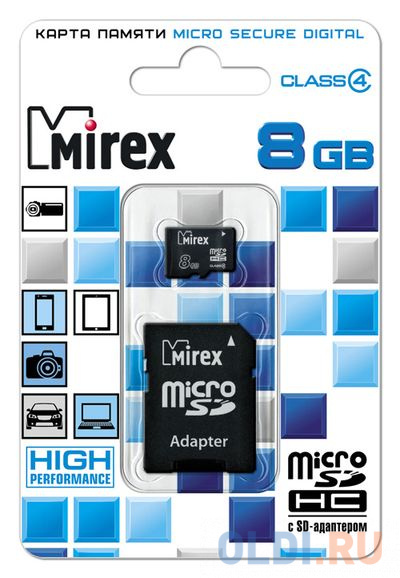 Флеш карта microSD 8GB Mirex microSDHC Class 4 (SD адаптер)