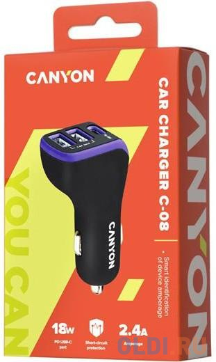 Автомобильное зарядное устройство Canyon CNE-CCA08PU 2.4А 2 х USB USB-C черный фиолетовый