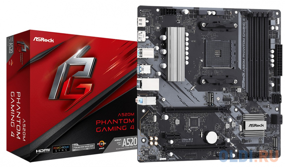 Материнская плата ASRock A520M PHANTOM GAMING 4 Socket AM4 AMD A520 4xDDR4 2xPCI-E 16x 1xPCI-E 1x 4 mATX Retail