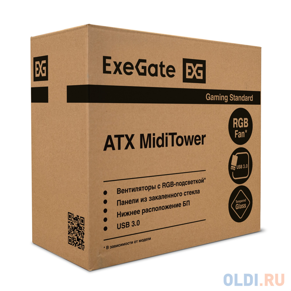 Корпус Miditower ExeGate EVO-8225-EVO800 (ATX, БП EVO800RGB с вент. 12см, 2*USB+1*USB3.0, черный, 2 вент. с RGB подсветкой и полоса на передней панели в Москвe