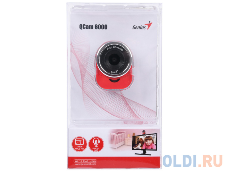 Веб-Камера Genius QCam 6000, red, Full-HD 1080p, universal clip, 360 degree swivel, USB, built-in microphone, rotation 360 degree, tilt 90 degree