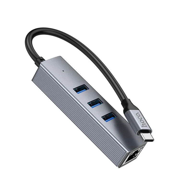 Хаб USB Hoco HB34 Easy 3xUSB 3.0/RJ45 + кабель Type-C Grey 6931474794543