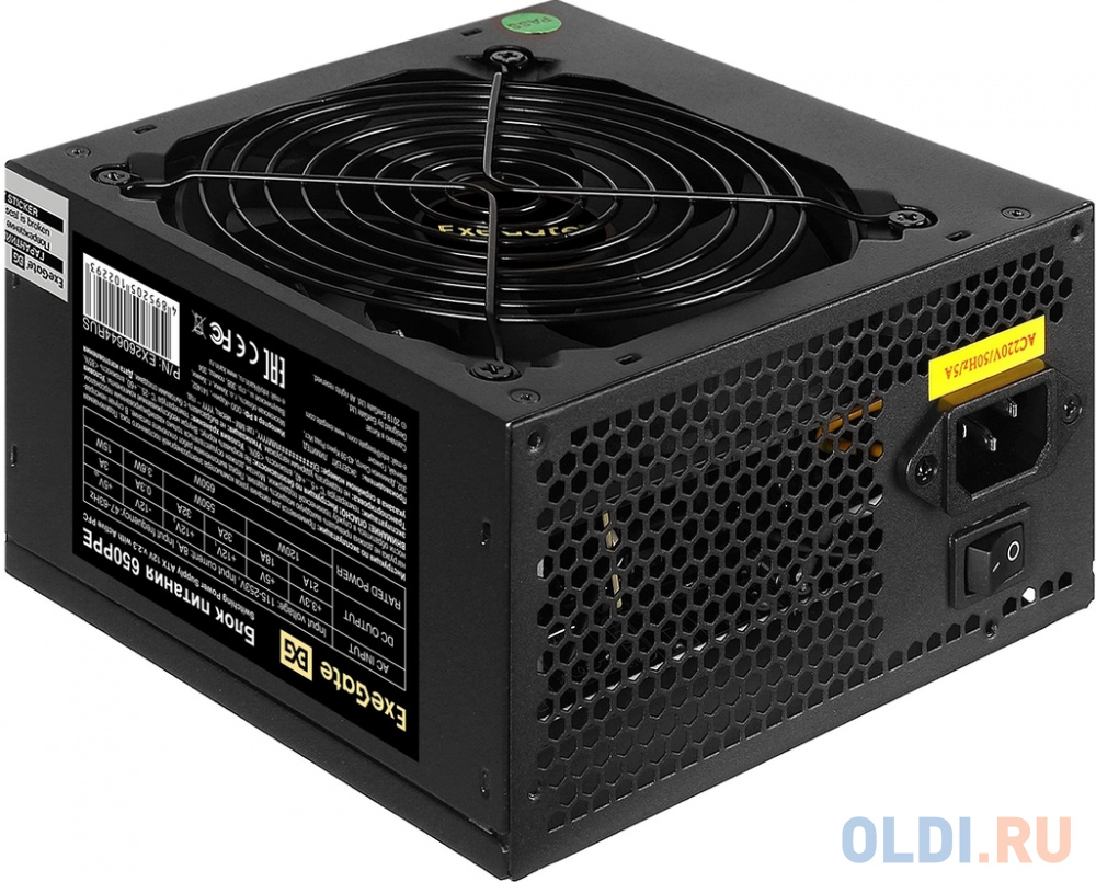 Блок питания 650W ExeGate 650PPE (ATX, APFC, PC, КПД 80% (80 PLUS), 12cm fan, 24pin, 2x(4+4)pin, 2xPCI-E, 5xSATA, 3xIDE, black, кабель 220V в комплект в Москвe