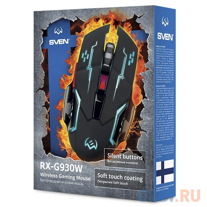 Игровая беспроводная мышь SVEN RX-G930W чёрная (2.4 Ггц, 6 кнопок, 1600 dpi, USB, Soft Touch, RGB подсветка) в Москвe