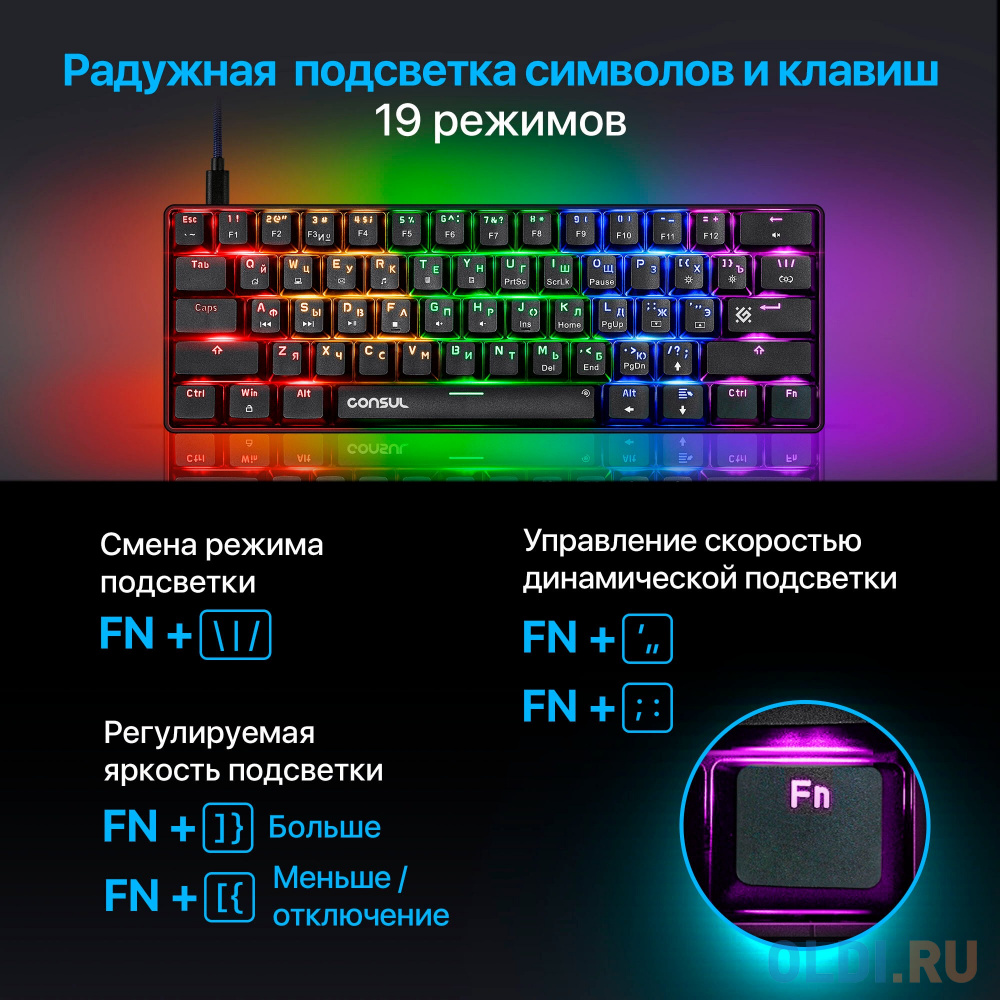 Игровая клавиатура DEFENDER CONSUL чёрная (OUTEMU+RED, USB Type-C, RGB подсветка, 61 кл., GK-220) в Москвe